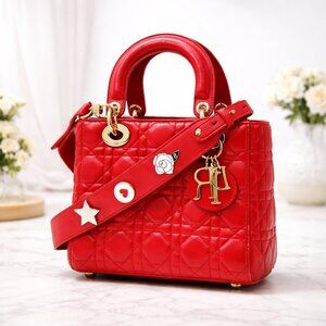 Authentic Christian Dior Lady Dior Red Cannage Leather Small Bag Crossbody